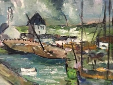Signed Landscape: Marine Brittany Sea Ocean View of the Port Boat Sailboat