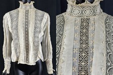 Edwardian Embroidered Ivory Cream Silk Lace High Collar Shirtwaist Blouse VTG