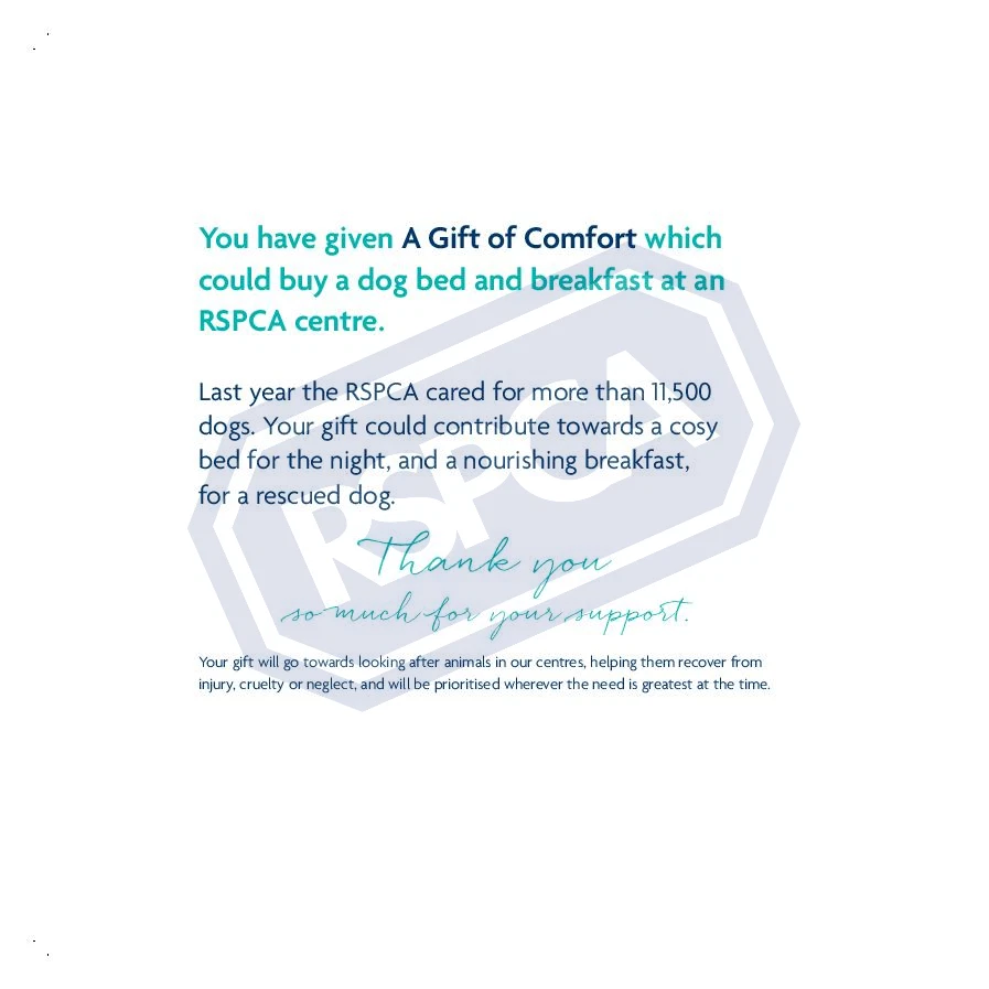 RSPCA Charity Gift Card A Gift of Comfort Dog 10 Donation to RSPCA