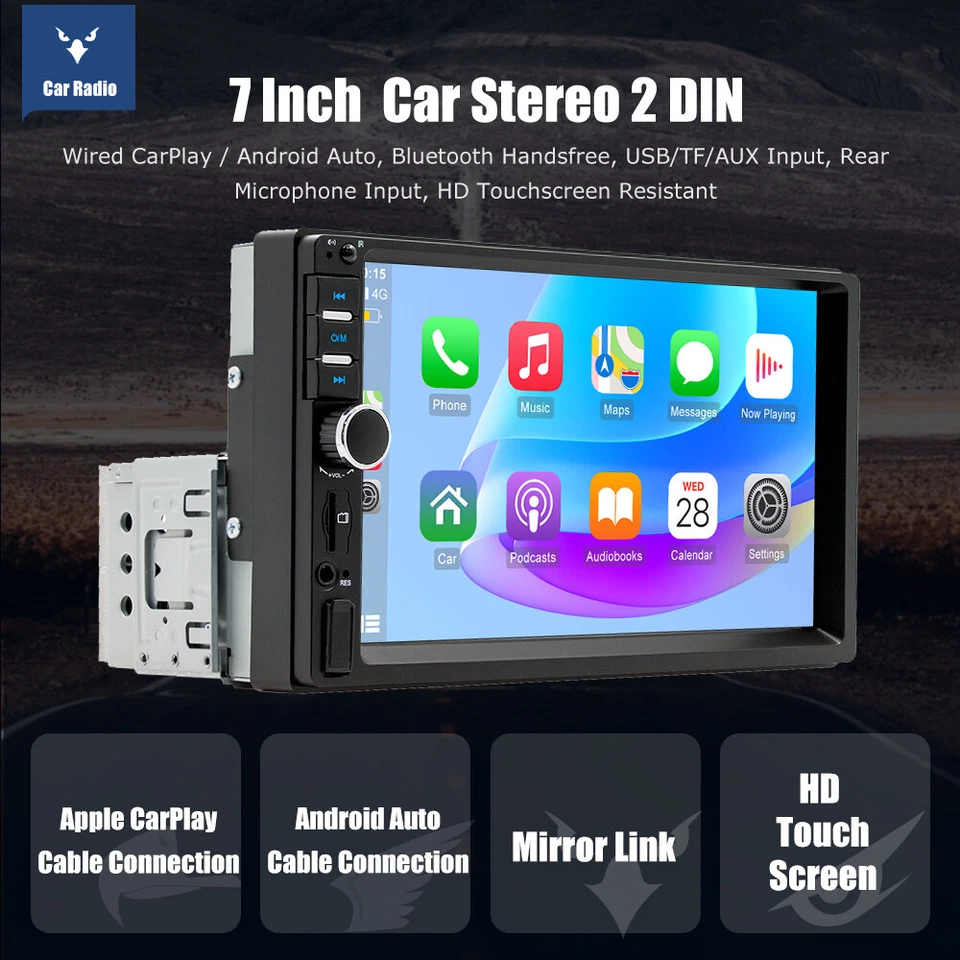 ESSGOO 1 DIN Carplay Android Auto Autoradio BT AUX USB 7" Schermo Remoto Mirror - Immagine 2 di 4