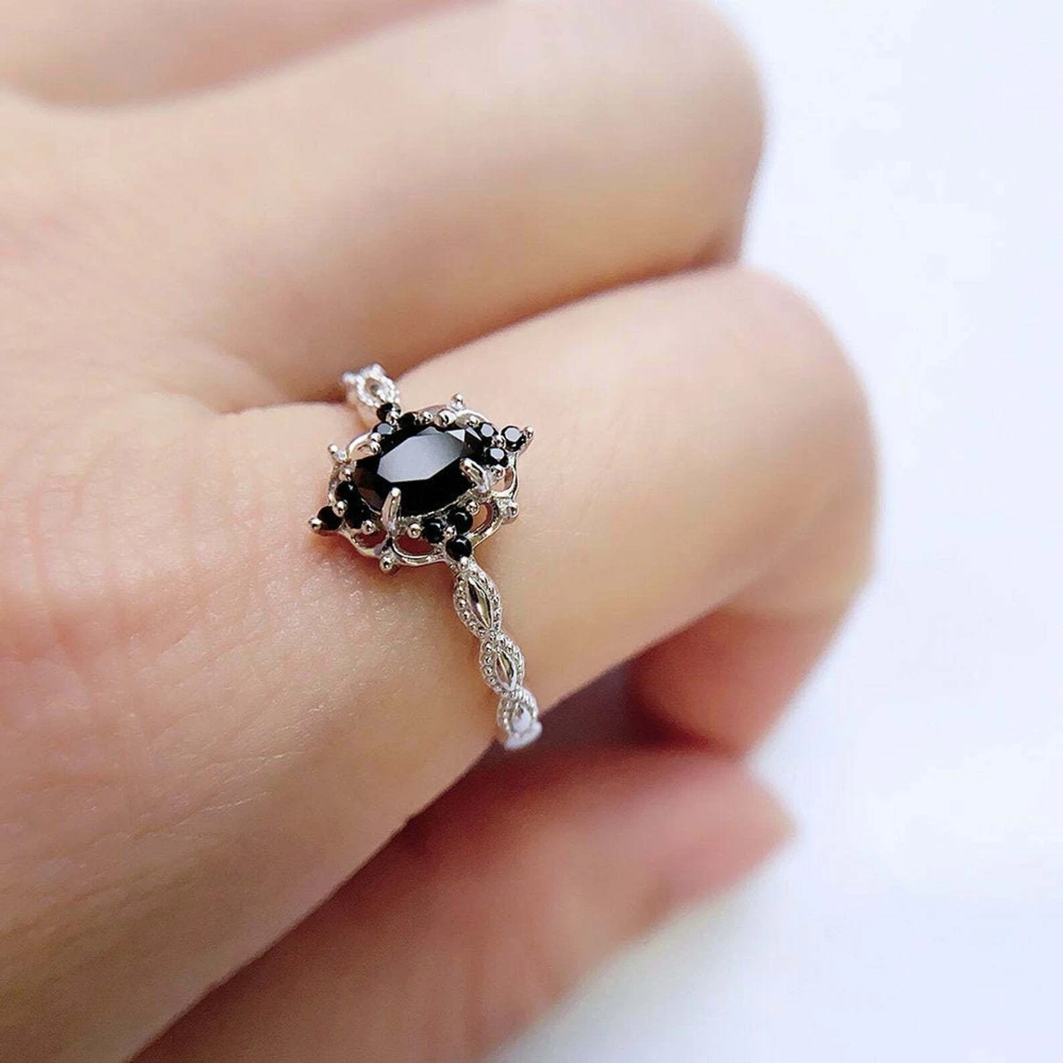 2.10Ct Oval Cut Black Diamond Halo Promise Engagement Ring 14K White Gold Finish