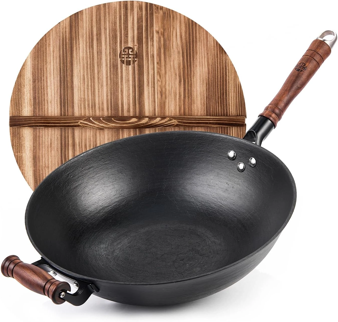 14.2" Cast Iron Wok Pan with Lid & Wood Handle - All Cooktops Compatible