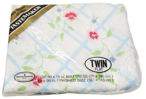 Vintage Tastemaker Muslin Twin Flat Sheet White Blue Floral 1970s USA New - Picture 2 of 4