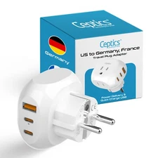 Ceptics European Schuko Travel Adapter - USA to Type E/F Germany, France PTU-9