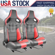 Pair of Red+Black PVC Carbon Fiber Reclinable Leather Racing Seats W/Silders