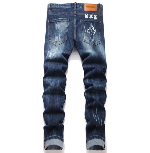Pantalones de mezclilla elásticos rasgados punk con decoración de letras azul oscuro para hombre - Imagen 2 de 7
