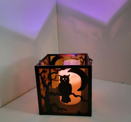 Halloween Glass Black Metal Die Cut Candle Luminary Moon Owl Lantern B-29