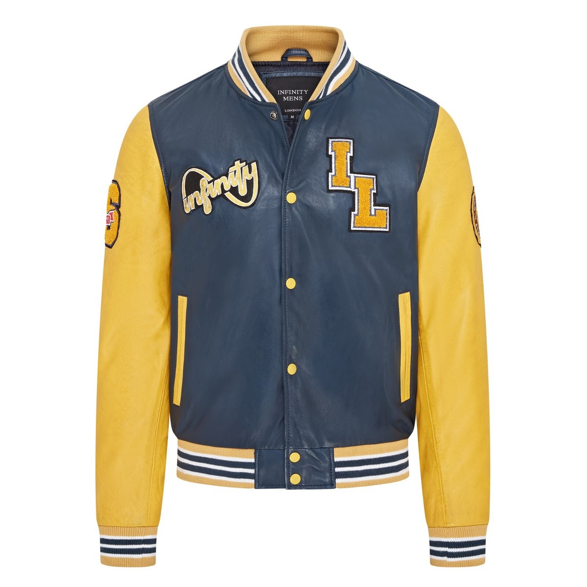 Giacca In Pelle Varsity College Blu Gialla Con Toppe Letterman