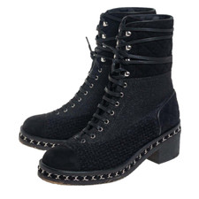 Chanel Boots UK5 39  25cms Chanel Combat Boots, Black Tweed Chain RRP£1450