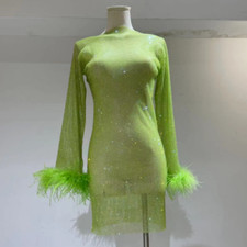 Lady Sheer Mini Feather Mesh Dress Rhinestone Fishnet Party Club Bodycon Vintage