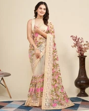 Embroidered Bollywood Net Saree  (Cream)