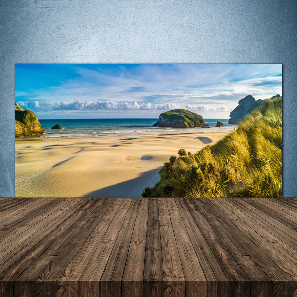 Crédence de cuisine en verre 140x70 cm décor plage et rochers