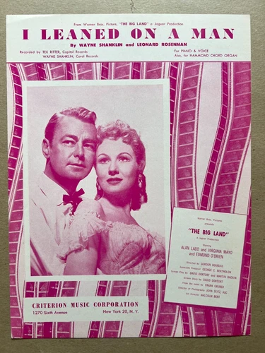 1957 VIRGINIA MAYO FILM WESTERN sheet music THE BIG LAND I Leaned on a Man