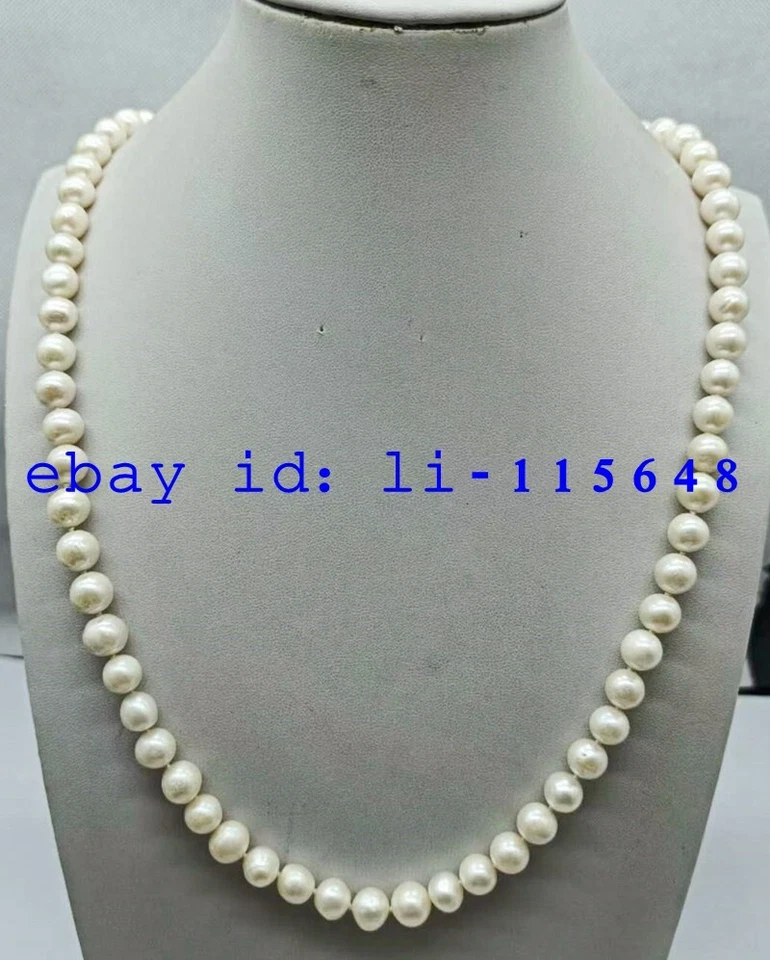 Ожерелье с натуральным модным белым пресноводным культивированным жемчугом 9-10 мм подарок 16-36 дюймов - Изображение 3 из 4