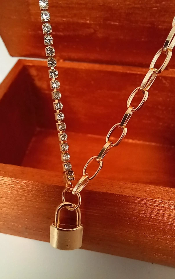 Chunky Halskette Gold Farben Zirkonia Bügel Schloss Anhänger Damen Modeschmuck - Bild 2 von 4