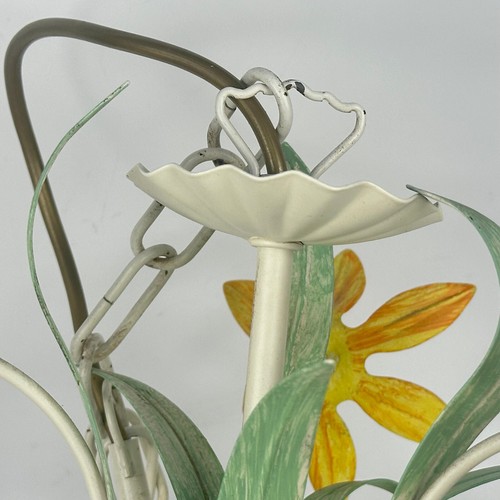 Vintage French 5 Arm Toleware Ceiling Light with Metal Leaves & Yellow Flowers - Picture 4 of 23