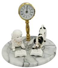 Whimsical Vtg Marble Base Quartz Desk Clock White Porcelain Child & Dog Shontek