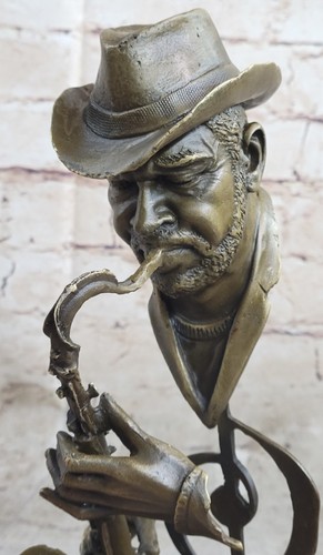 Saxophone Player Jazz Musician Bronze Statue Sculpture Signed Art Decor Marble - Picture 9 of 9
