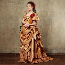 Vintage Gold Victorian Bustle Dress Ruffled Satin Historical Costume EveningGown