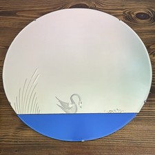 1944 Donnelly Kelly Art Deco Cobalt Blue Glass Etched Swan Round Mirror 26 Inch