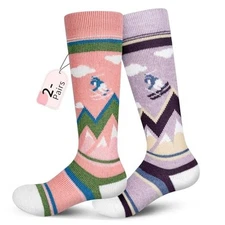  Merino Wool Ski Socks Kids 2 Pairs, Winter Warm XX-Small 2 Pairs-pink/Purple