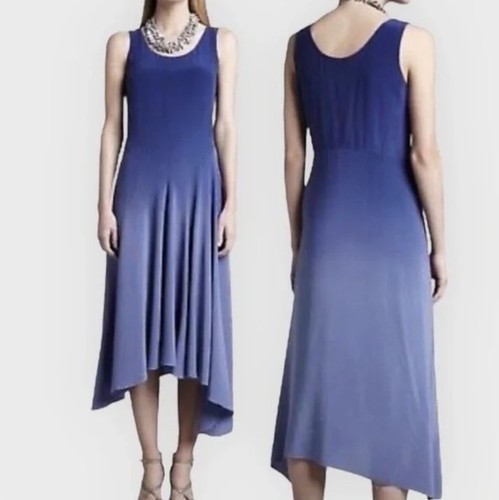 Abito midi asimmetrico senza maniche Eileen Fisher taglia media M blu seta ombreggiata - Foto 2 di 7