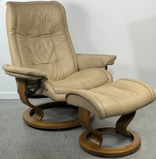 Ekornes Stressless Large ROYAL "Sand" Paloma Leather Swivel Recliner and Ottoman
