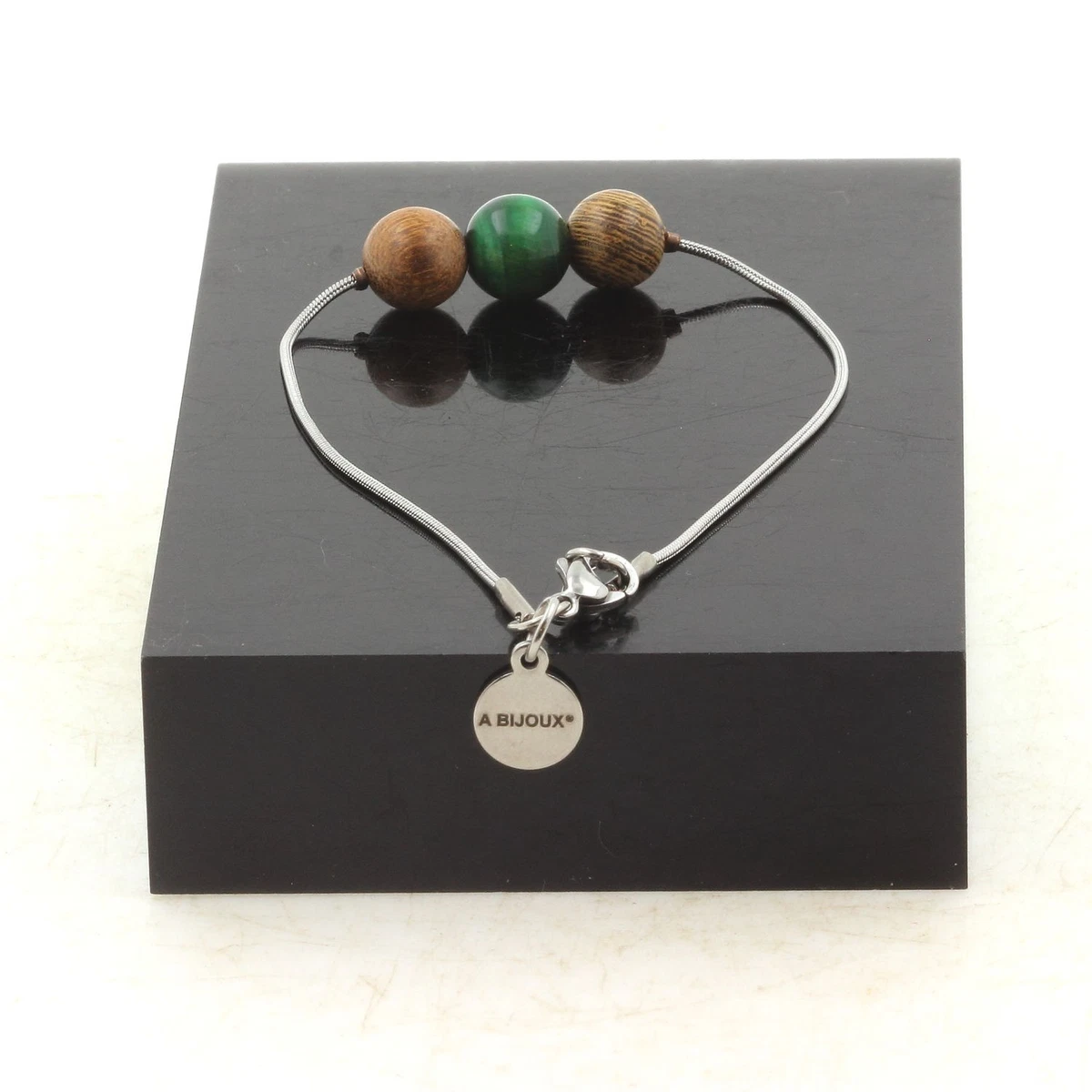 Bracelet Fantaisie Vintage Vert Et Argent Avec Perles En Bois *4492 - Bijou Rétro Occasion