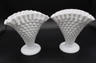 2 Vintage Fenton Pre-logo Hobnail White Milk Glass 6" tall Fan Vases EUC