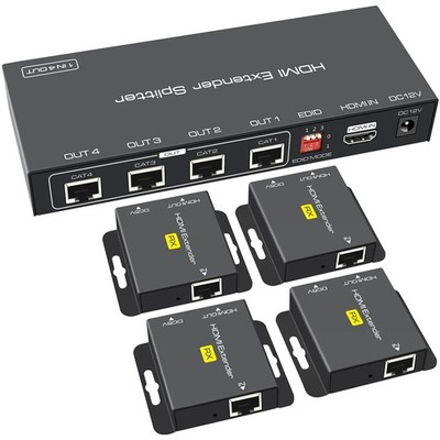 HDMI Extender Splitter 1x4 165Ft Cat5E 6 7 1080P POC Transmitter Receiver