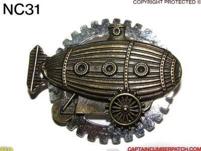 steampunk badge brooch pin airship submarine zeppelin silver cog gearwheel #NC31