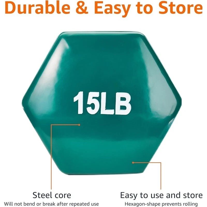 Mancuernas hexagonales duraderas agarre antideslizante diseño antivuelco 15 lb pesos recubiertos de vinilo Foto 3 de 4