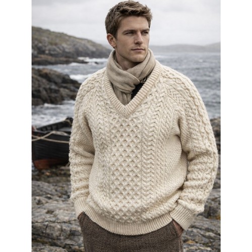 Vintage Carraig Aran Fisherman Sweater Irish Cable Knit Cream Wool Size 44 XL, Size 44, $68.99