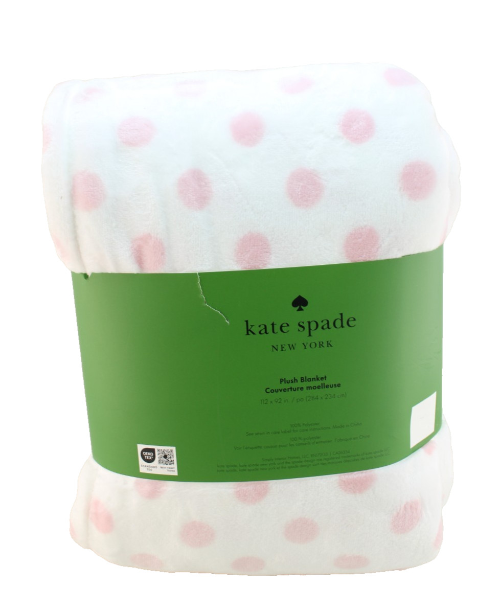 KATE SPADE King Size 112" x 92" Pink / White Polka Dot /Badge Logo Plush Blanket thumbnail 10