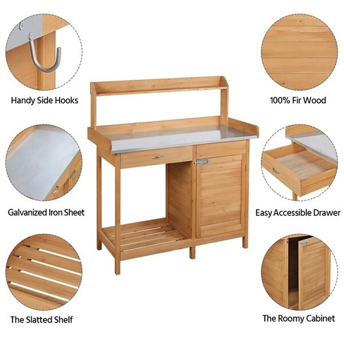 Garden Potting Bench Table Outdoor Work Bench w/Cabinet Drawer Open Shelf Wooden - Picture 4 of 11
