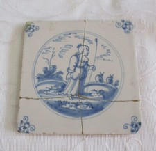 Vintage / Antique Ceramic Blue And White Delft Tile Shepherd & Sheep A/F