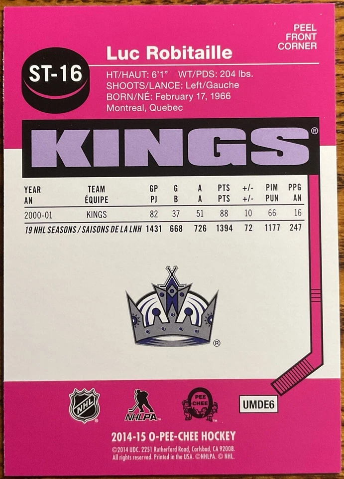 2014-15 O-Pee-Chee Stickers Luc Robitaille #ST-16 Los Angeles Kings - Image 2 of 2