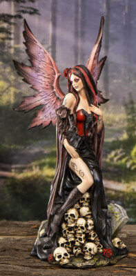Black Sorceress Skulls Fairy with Red Rose Standing On Tombstone Figurine 15''H