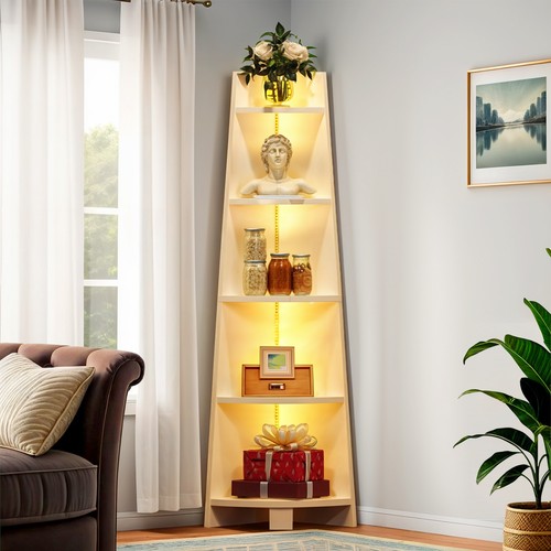 5 Tier Corner Bookshelf LED Wooden Bookcase Ladder Shelf Display Rack Storage - Picture 3 of 11