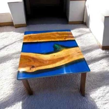 Square Blue Epoxy Resin Table Top with Natural Acacia Wood Finish, Made To Order