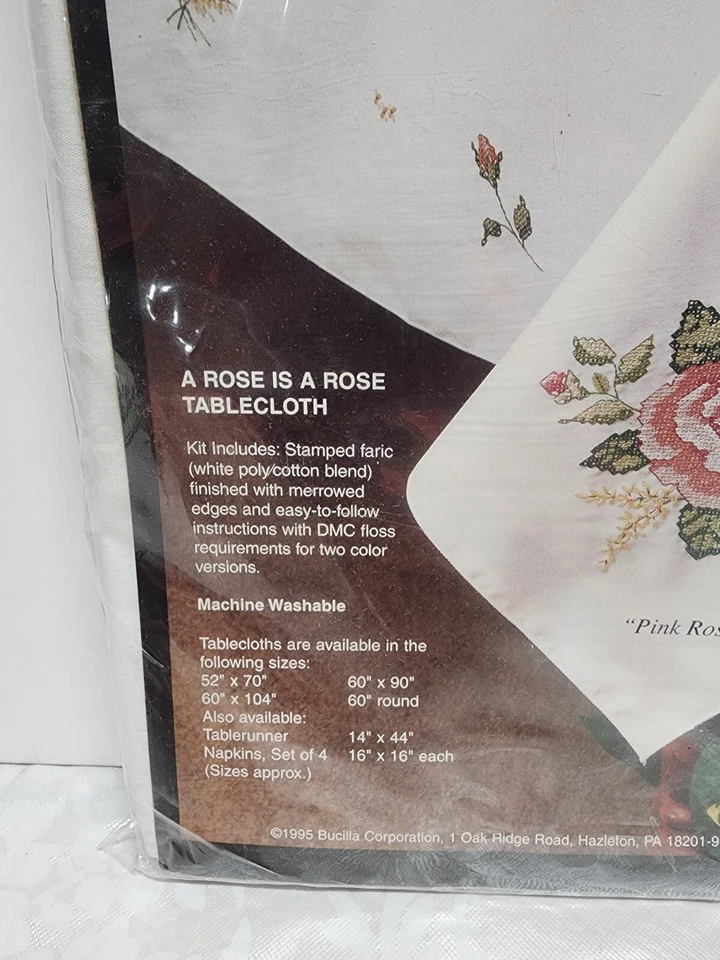 Bucilla Stamped Cross Stitch Tablecloth "A Rose is a Rose 52" x70" Kit w/floss - Image 3 of 4