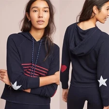 Anthropologie Sundry Navy Red Stripe Crop Hoodie Star Heart Knit Patriotic 1 S