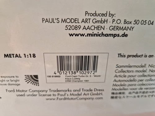 Minichamps 1:18 Ford Capri Turbo Gr. 5 Würth Klaus Ludwig DRM Champion 1981 OVP - Bild 5 von 5