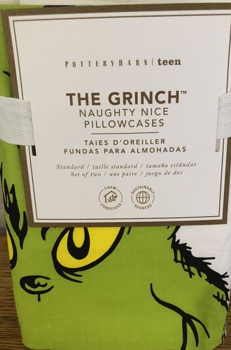 Pottery Barn Teen The GRINCH MAX NAUGHTY BONITO JUEGO DE FUNDA DE ALMOHADA ~ NAVIDAD ~ NUEVO CON ETIQUETAS - Imagen 2 de 4