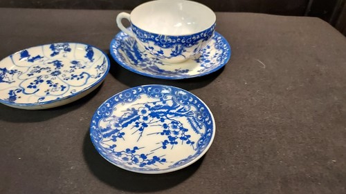 Tazza e piattino guscio d'uovo blu e bianco Nippon Japan 1921 include 2 piatti - Foto 11 di 12