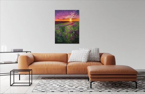 Lupins at Sunset Painting Field Original Oil Painting Landscape Canvas 28 by 20" - Picture 2 of 12
