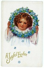 Vintage Postcard A JOYFUL EASTER Child Blue Flower Ring