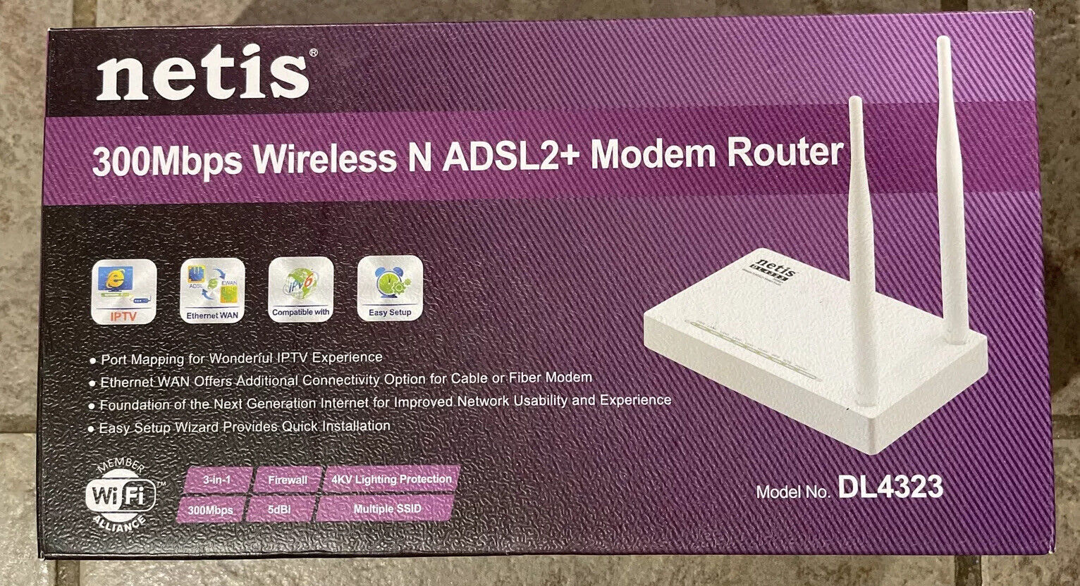 Netis DL4323 Wireless N300 ADSL2+ Modem Router 2.4Ghz 300Mbps 802.11b/g/n Spl...
