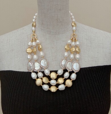 3 Rows Freshwater Cultured White Rice Pearl White Coin Pearl Necklace For Women
