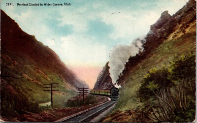 Weber Canyon Utah Overland Limited Train Locomotive Railroad 1915 Postcard 25339